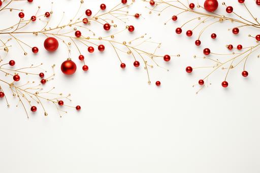 a red christmas baubles, fir needles and red decorations on white background, in the style of minimalist backgrounds, uhd image, y2k aesthetic, pattern designs, bentwood, innovative page design, rudolph belarski --ar 128:85