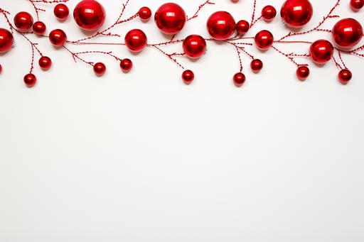 a red christmas baubles, fir needles and red decorations on white background, in the style of minimalist backgrounds, uhd image, y2k aesthetic, pattern designs, bentwood, innovative page design, rudolph belarski --ar 128:85