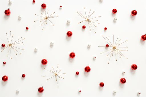 a red christmas baubles, fir needles and red decorations on white background, in the style of minimalist backgrounds, uhd image, y2k aesthetic, pattern designs, bentwood, innovative page design, rudolph belarski --ar 128:85