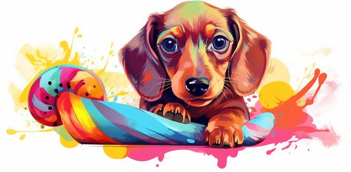 a red dachshund puppy character pulling a toy while on a human's hand, in the style of vibrant colours, smilecore, intertwining materials, emphasis on facial expression, crossed colors, bone, whirly --ar 75:37
