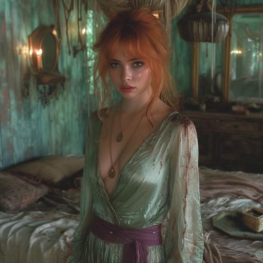 a red hair woman standing on a her beautiful scary bed room that has many mirros even on the ciling, the room is very dark with a little bit of dark green lights, wearing a green silk dress with a purple belt, in the style of suburban gothic, play with green lights and candels, she is very horified holding a baseball bat ready to hit and looking at her reflection in the mirror ,precisionist lines, strong expressions , filmic, narrative paneling, elongated dark gloomy lighting --v 6.0 --c 10 --s 750