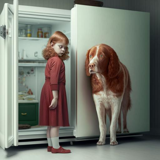 a red-haired dog, it is standing in a refrigerator， a little girl staring at it