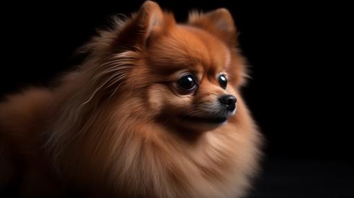 a red-haired pomeranian with a haircut on a dark background lies on the left side takes up a little space --ar 16:9 --s 250 --v 5