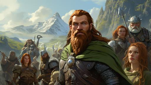 a red headed viking, and a group of adventurers walking towards the camera, green fields, pathfinder art style --ar 16:9