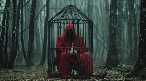 a red robed cultist sits with a bottle of wine inside a locked metal cage in the middle of the woods, mystery, cinematic --ar 16:9