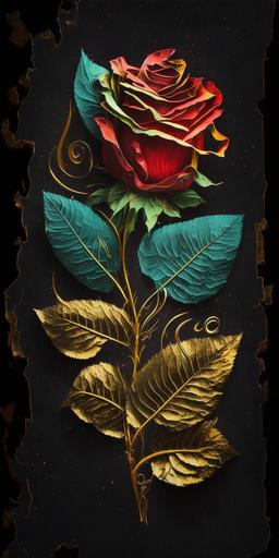 a red rose superimposed on vantablack paper with golden musical notes, double exposure, chiaroscuro, vibrant colors, watercolor::30 --s 1000 --c 50 --ar 1:2 --no human, woman, person, signature, writing, words, letters --q 2 --v 4