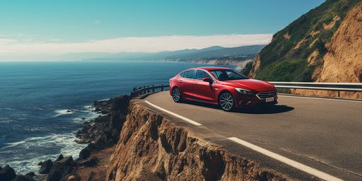 a red sedan on a paved cliff-side roadway over looking the ocean, in the style of a comic book --ar 2:1