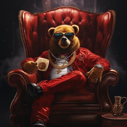 a red teddy bear wearing retro style sunglasses seated on a large comfortable leather chair with a large gold chain smoking a pot pipe smiling