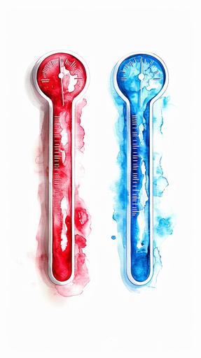 a red temperature thermometer and a blue temperature termometer with line up and down and no number, in the style of black and white imagery, hot vs cold, rounded, made of all of the above, trendercore, on white background, watercolors, the content is filled with red or blue depending of the thermometer --ar 9:16 --v 6.0