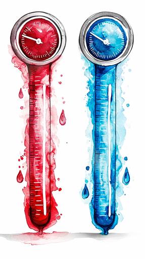 a red temperature thermometer and a blue temperature termometer with line up and down and no number, in the style of black and white imagery, hot vs cold, rounded, made of all of the above, trendercore, on white background, watercolors, the content is filled with red or blue depending of the thermometer --ar 9:16 --v 6.0