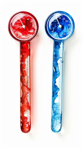 a red temperature thermometer and a blue temperature termometer with line up and down and no number, in the style of black and white imagery, hot vs cold, rounded, made of all of the above, trendercore, on white background, watercolors, the content is filled with red or blue depending of the thermometer --ar 9:16 --v 6.0