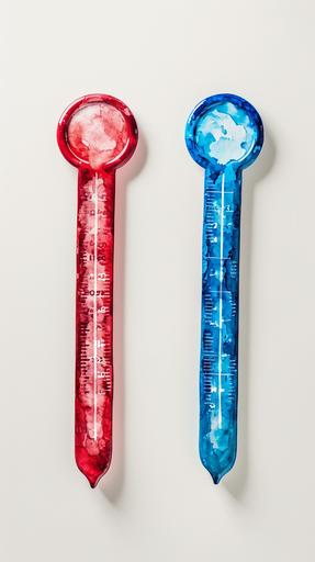 a red temperature thermometer and a blue temperature termometer with line up and down and no number, in the style of black and white imagery, hot vs cold, rounded, made of all of the above, trendercore, on white background, watercolors, the content is filled with red or blue depending of the thermometer --ar 9:16 --v 6.0