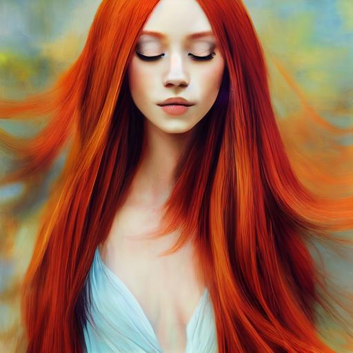 a redhead with long hair and long dress, wishing good morning to the sun, abstract, ultra realistic --test --creative