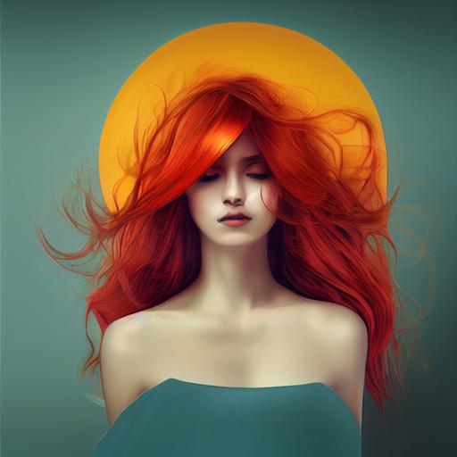 a redhead with long hair and long dress, wishing good morning to the sun, abstract, ultra realistic --test --creative