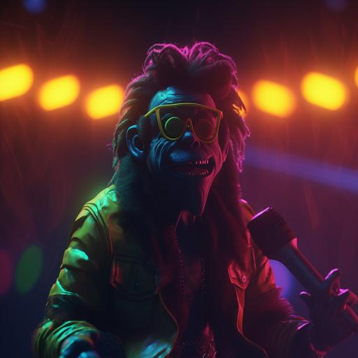 a reggae party with an origami monkey singer with dreadlocks, sunglasses, microphone, colored smoke, neon lights, projector, dark background, 3D, stylized, unreal engine, octane render, cinematic lighting, ultra detailed, rim lighting, highly detailed --v 5 --q 2