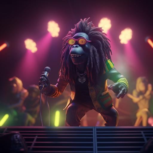 a reggae party with an origami monkey singer with dreadlocks, sunglasses, microphone, colored smoke, neon lights, projector, dark background, 3D, stylized, unreal engine, octane render, cinematic lighting, ultra detailed, rim lighting, highly detailed --v 5 --q 2