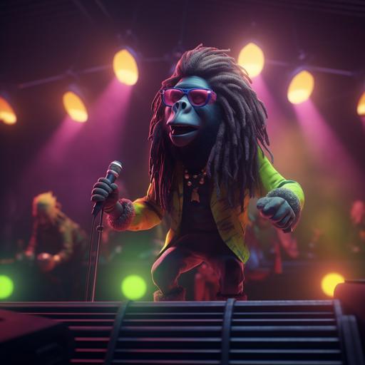 a reggae party with an origami monkey singer with dreadlocks, sunglasses, microphone, colored smoke, neon lights, projector, dark background, 3D, stylized, unreal engine, octane render, cinematic lighting, ultra detailed, rim lighting, highly detailed --v 5 --q 2