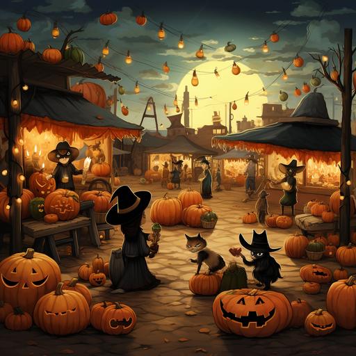 a regular city market decorated for halloween with a few pumpkins with real witches laughing with their broomsticks and petting their calico cats mexican art style funny cartoon