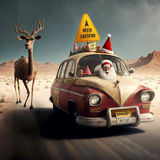 a reindeer with a consecrate, a Santa Claus hat and a taxi sign driving Mary and Joseph through the desert