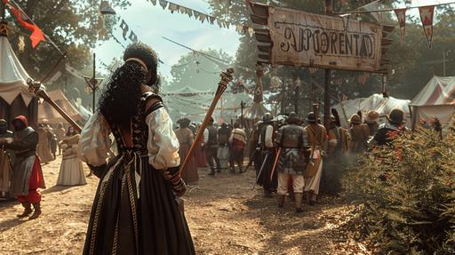 a renaissance festival with a ren faire wooden sign. wide view. people standing around. black woman holding three wooden sticks. realistic. photorealistic. --ar 16:9