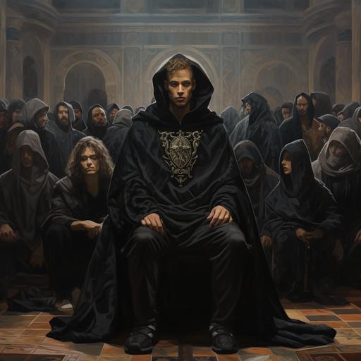 a renaissance portrait style painting, one man sitting on a throne wearing a full black oversize track suit. Crowd in the background, some people wearing oversize black t-shirts around, sandtone color beams artistic fashion photoshoot.
