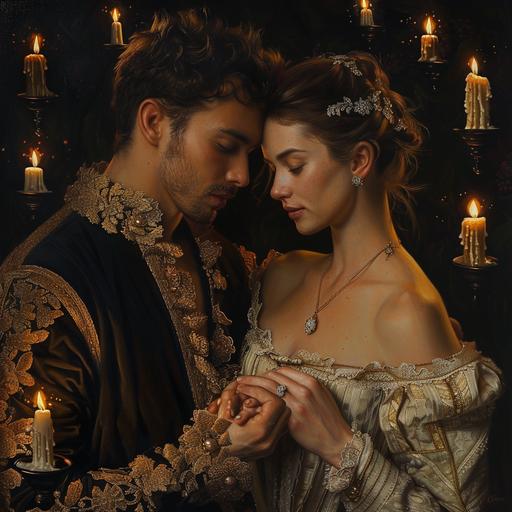 a renaissance style painting of a couple with a ring as a feature and a dark background with floating candles