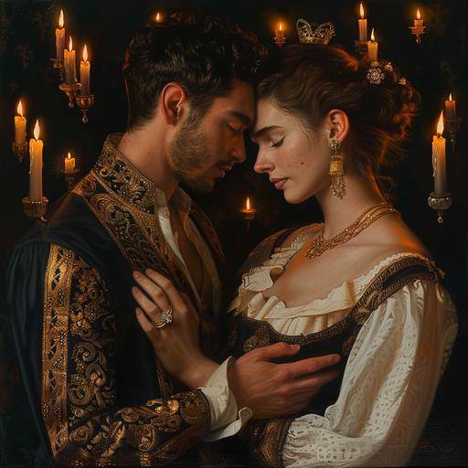 a renaissance style painting of a couple with a ring as a feature and a dark background with floating candles