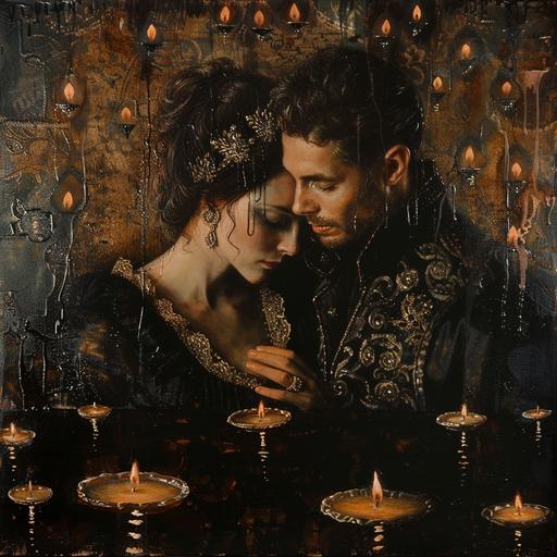 a renaissance style painting of a couple with a ring as a feature and a dark background with floating candles