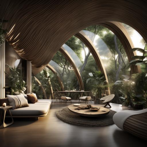 a render of interior design og a Biomorphic architectural, vernacular and organic design of a house made of dark wood and glass on two floors in the shape of the leaf of tropical forests with narrow openings interspersed with tree veins, interior walls made of trees, window frames are black and small detailed, modern, warm ambient interior furniture, light gray neutral color sky and supernatural image like photo with great details