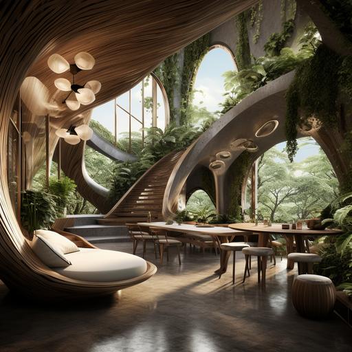 a render of interior design og a Biomorphic architectural, vernacular and organic design of a house made of dark wood and glass on two floors in the shape of the leaf of tropical forests with narrow openings interspersed with tree veins, interior walls made of trees, window frames are black and small detailed, modern, warm ambient interior furniture, light gray neutral color sky and supernatural image like photo with great details