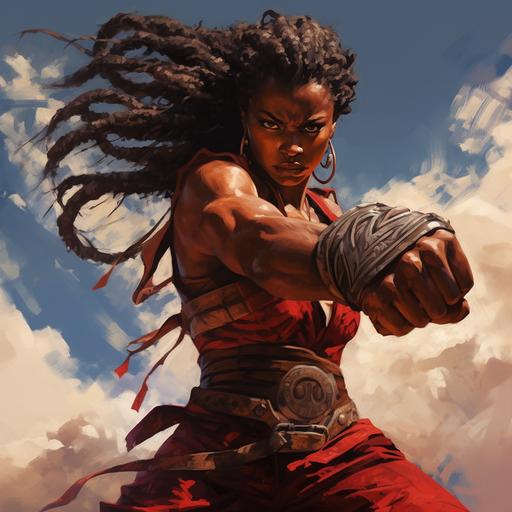 a rennasase style image, dynamic and detailed art, wow inspiring hammer fist stike by lovly black woman martial artist