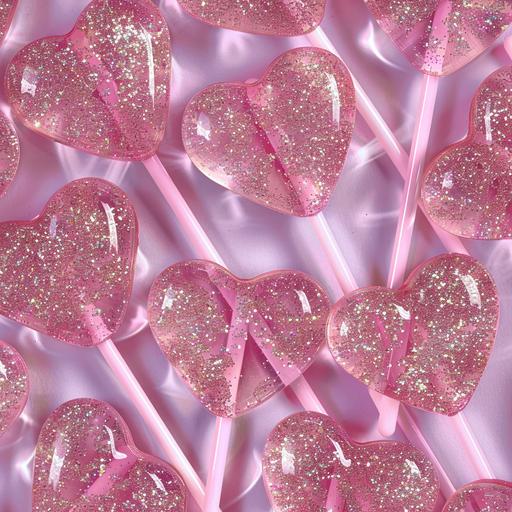 a repeat background of pink glitter heart shaped lolipops