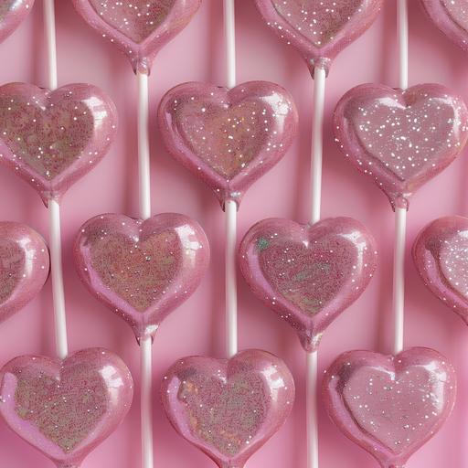 a repeat background of pink glitter heart shaped lolipops --v 6.0