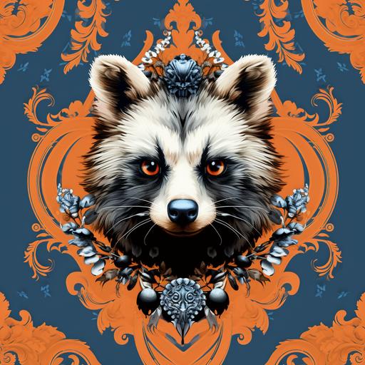 a repeating fabric pattern of a a raccoon head in orange color, minimalist blue thunders, baroness symbols, in the baroque style