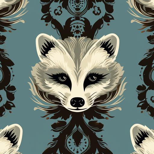 a repeating fabric pattern of a a raccoon head, minimalist rays, baroness symbols, in the baroque style