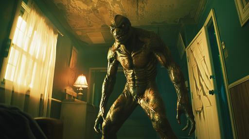 a reptilian alien who is 8 feet tall and muscular, he is standing in a small bedroom at night in a golden light, his skin is scally and rough like a desert, he is evil and frighten, the color palette is teal, brown, red, gold highlights, the lighting is dramatic, the photo is taken in the style of christopher nolan --ar 16:9