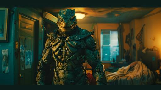 a reptilian alien who is 8 feet tall and muscular, he is covered in alien military armor, he is standing in a small bedroom at night in a golden light, his skin is scally and rough like a desert, he is evil and frighten, the color palette is teal, brown, red, gold highlights, the lighting is dramatic, the photo is taken in the style of christopher nolan --ar 16:9