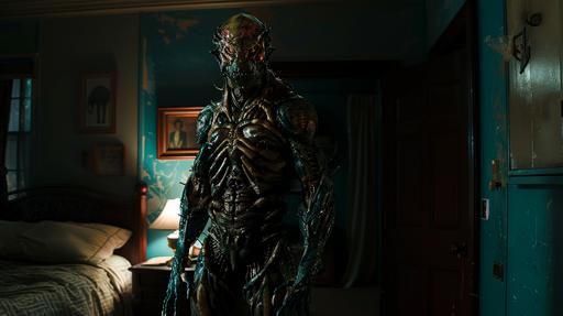 a reptilian humanoid alien who is 9 feet tall in the dark shadows of a bedroom, his head is humanoid, he is standing in a small bedroom at night, he is evil, the color palette is teal, brown, red, gold highlights, the lighting is dramatic, the photo is taken in the style of christopher nolan --ar 16:9