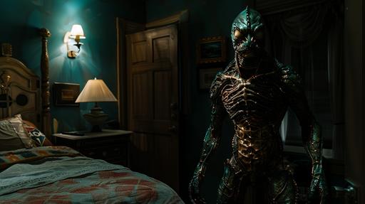 a reptilian humanoid alien who is 9 feet tall in the dark shadows of a bedroom, his head is humanoid, he is standing in a small bedroom at night, he is evil, the color palette is teal, brown, red, gold highlights, the lighting is dramatic, the photo is taken in the style of christopher nolan --ar 16:9