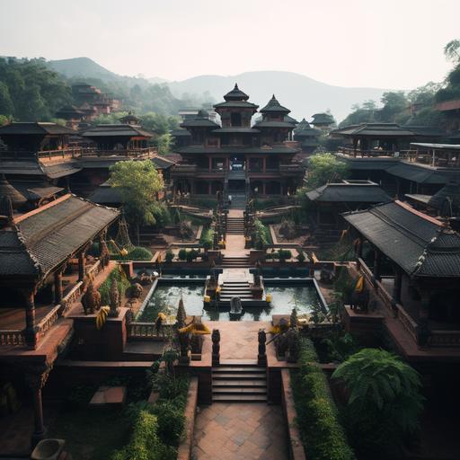a resort, inspired by typical Nepali village mud houses, and Bhaktapur Durbar Square. Where the temples are buildings, the resort is on top of a hill with a few of the Himalayas.