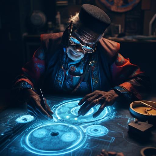 a retro futurist close up on a black old man wearing a traditional outfit, studying inside of the lab from the Black PAnther movie Wakanda Forever with a fluorescent blue ring on the ceiling