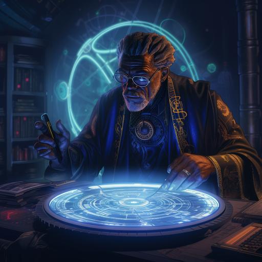 a retro futurist close up on a black old man wearing a traditional science fiction outfit, studying inside of the lab from the Black PAnther movie Wakanda Forever with a fluorescent blue ring on the ceiling