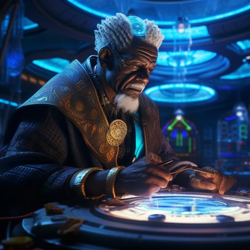 a retro futurist close up on a black old man wearing a traditional outfit, studying inside of the lab from the Black PAnther movie Wakanda Forever with a fluorescent blue ring on the ceiling