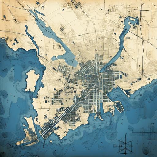 a retro looking piece of map art looking at a city in plan view on distressed paper. the city is a large modern city, with a river running through it. drawn in a line art style with white lines on blue paper.