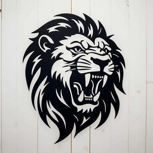 a roaring lion head stenciled in black profiled on a white background