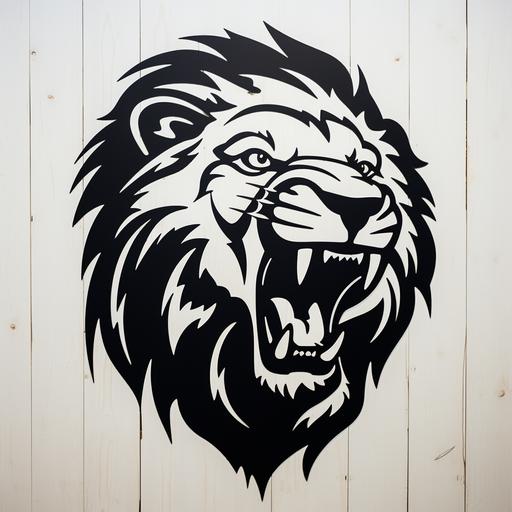 a roaring lion head stenciled in black profiled on a white background