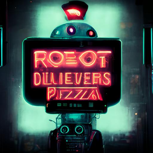 a robot delievers pizza, cyberpunk, neon signs, 4k