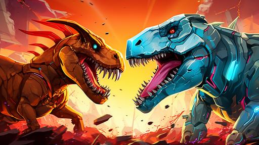 a robot dinosaur fighting a robot bull cartoon style with vibrant colors --ar 16:9