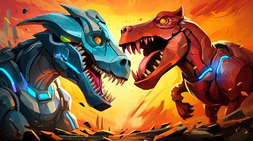 a robot dinosaur fighting a robot bull cartoon style with vibrant colors --ar 16:9