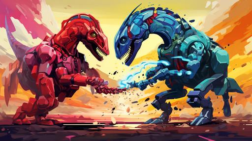 a robot dinosaur fighting a robot bull cartoon style with vibrant colors --ar 16:9